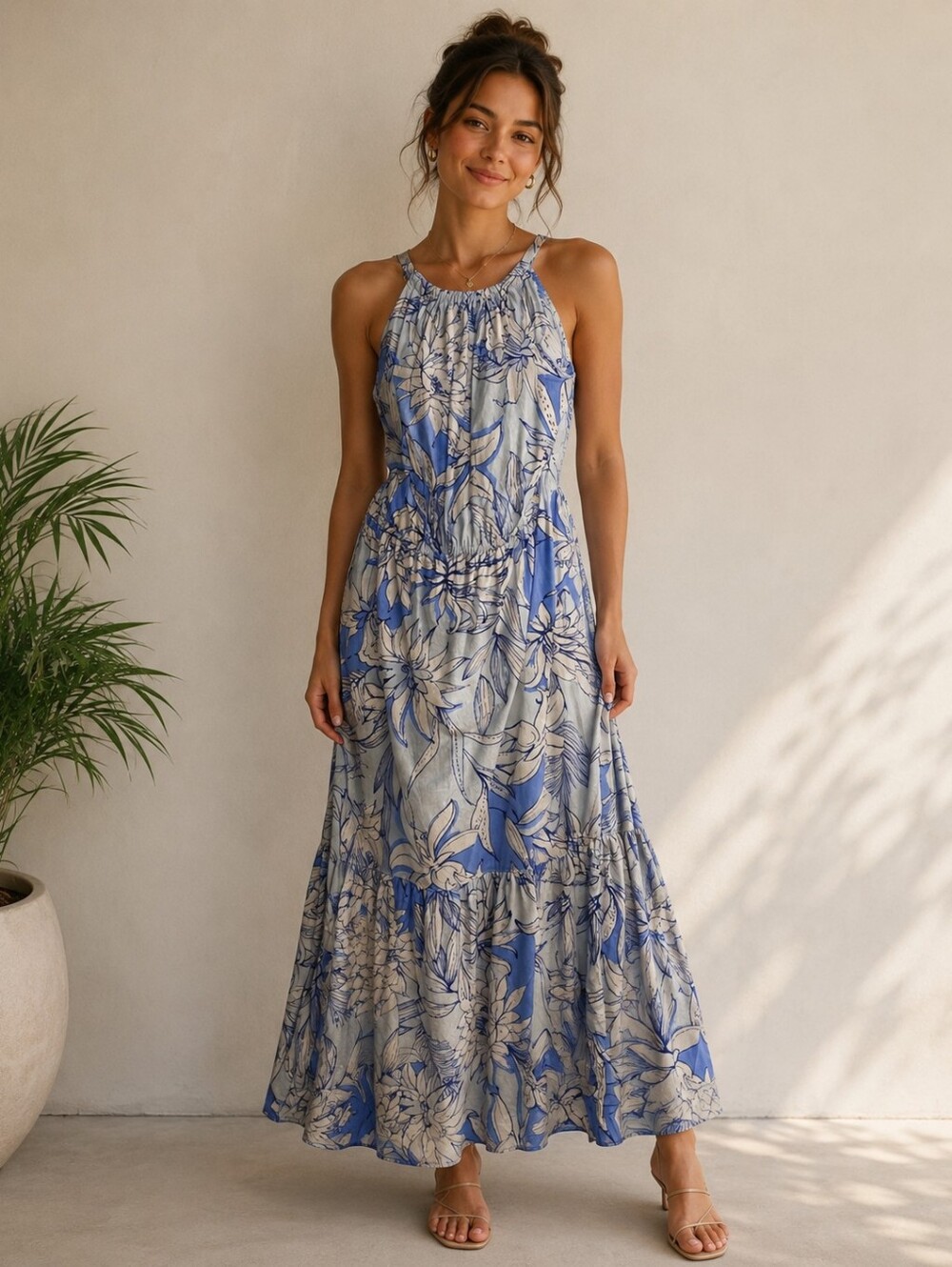 Halston  Blue and White Floral Linen Maxi Dress